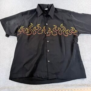Johnny Suede Bowling Shirt Mens XL Black Embroidered Fire Flame Short Sleeve USA